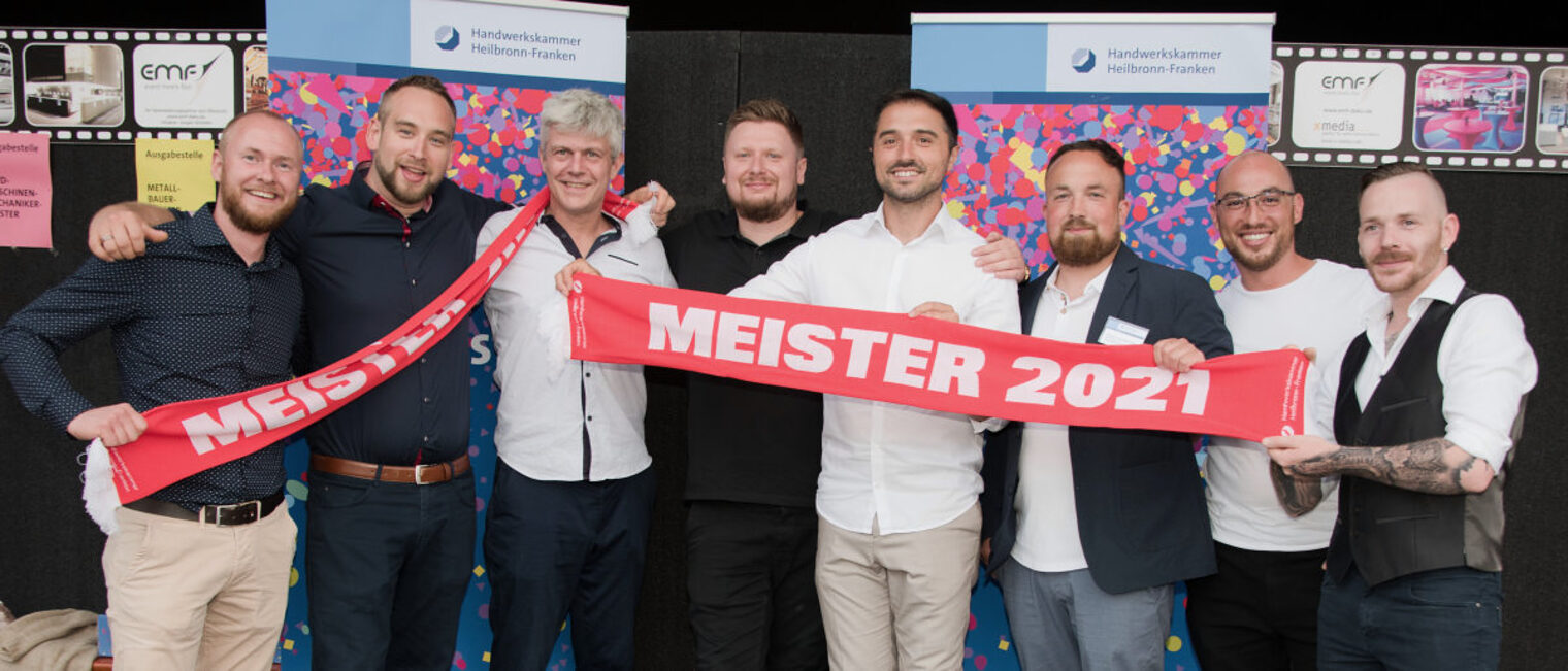 Eine Gruppe von Männern steht nebeneinander und hält zwei rote Schals mit weißer Aufschrift "Meister 2021" in den Händen.