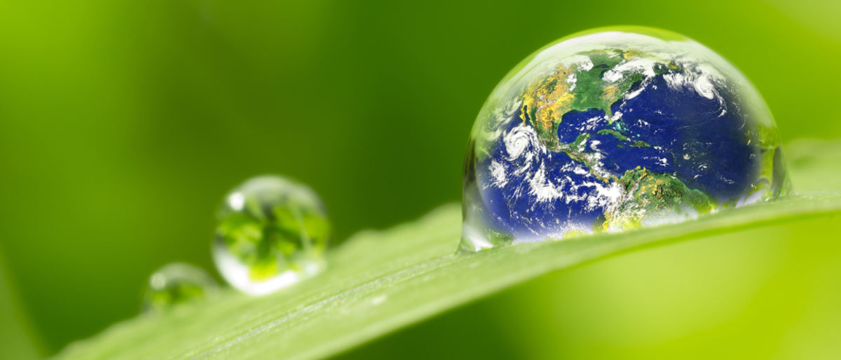 Umfangreiche Umwelt- und Energieberatungen für Handwerksbetriebe. Wassertropfen auf einem Grashalm, im größten Tropfen ist unser Planet Erde zu sehen.