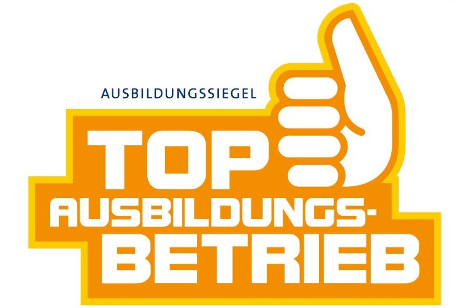 Logo in orange-gelb zeigt weißen Schriftzug "Ausbildungssiegel Top Ausbildungsbetrieb" und eine Hand mit erhobenem Daumen.