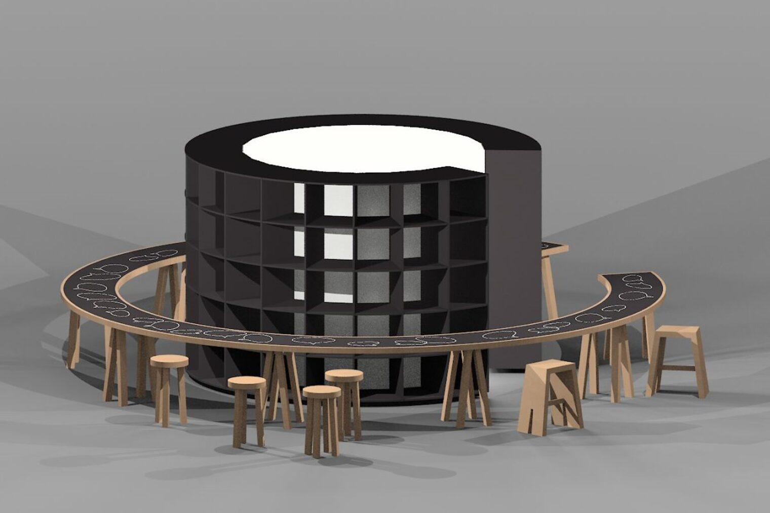 Grafik eines schwarzen runden Regals. Um das Regal gibt es einen niedrigen Tisch mit einigen Hockern aus Holz.