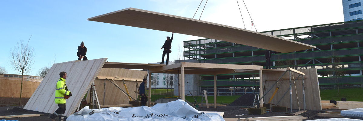 Die Zimmerer der Thiele Holzbau GmbH erstellen den Handwerkspavillon. Ein großes Holzteil wird per Kran auf eine Unterkonstruktion gehoben. Zwei Männer stehen auf der Konstruktion, ein Mann am Boden