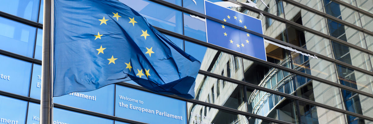 Am 26. Mai findet die Wahl zum Euro-päischen Parlament statt. Eine blaue Flagge mit goldenen Sternen weht vor einem hohen Zaun. Dahinter ist ein Teil eines großen Gebäudes zu sehen.