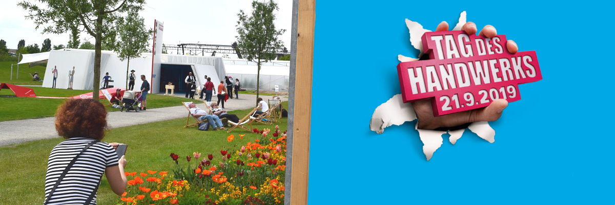 BUGA bietet Betrieben die Chance, den Tag des Handwerks 2019 feiern. Rechte Bildhälfte zeigt ein Logo "Tag des Handwerks" auf blauem Hintergrund. Links Menschen auf einem Gelände mit Blumenbeete