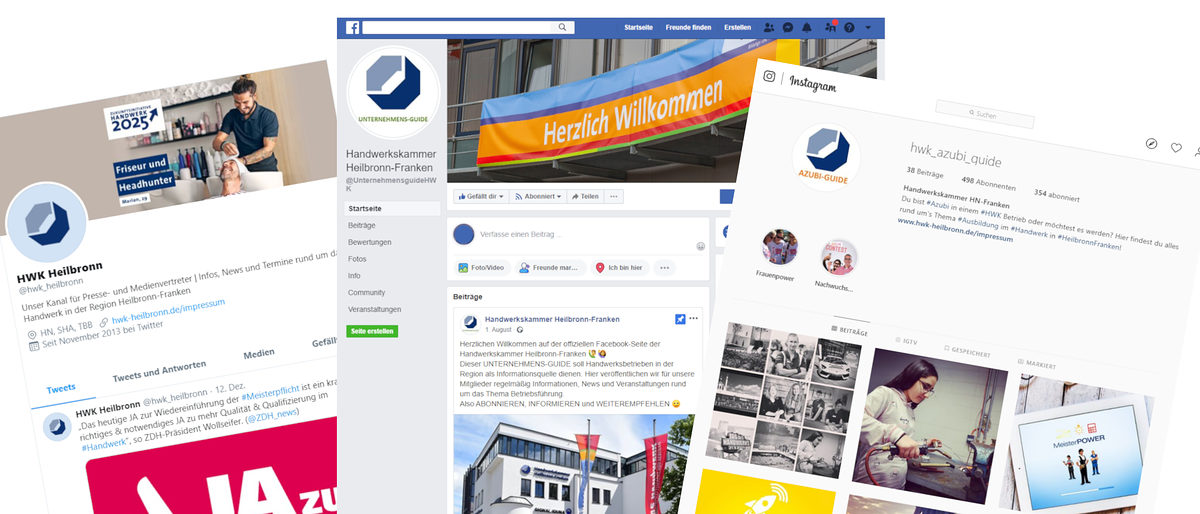 Social Media-Kanäle der Handwerkskammer Heilbronn-Franken Screenshots der Social Media-Kanäle der Handwerkskammer Heilbronn-Franken. Instagram, Facebook und Twitter