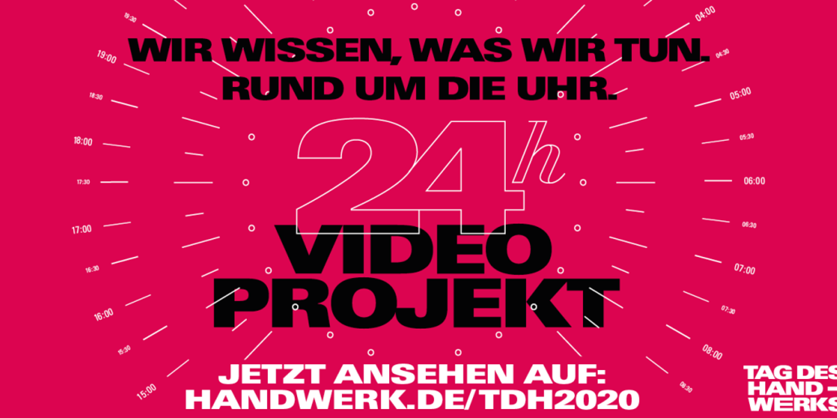 Ab dem 19. September kann man online einen Tag des Handwerks erleben. Schwarze und weiße Schrift auf einem roten Hintergrund. Es ist das Ziffernblatt einer Uhr zu erkennen.