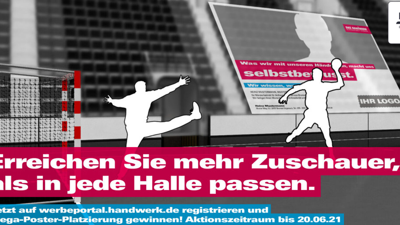 Grafische Darstellung einer Spielsituation im Handball, zwei Spieler als weiße Umrisse vor Tor und in einer leeren Halle.