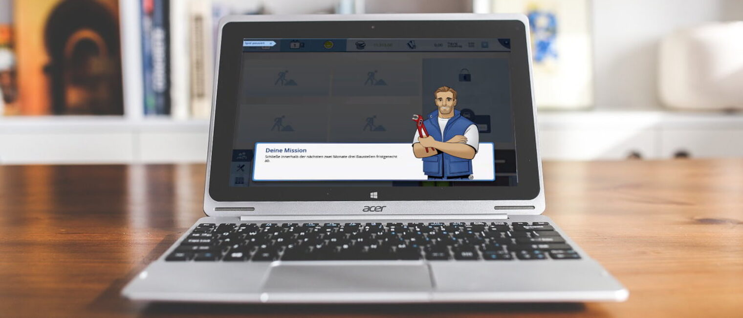 Viele Schüler-Teams spielten im Wettbewerb das Lernspiel Meisterpower. Ein Laptop steht geöffnet auf einer Holzoberfläche, im Hintergrund ein Regal. Auf dem Display ist eine Figur zu sehen.