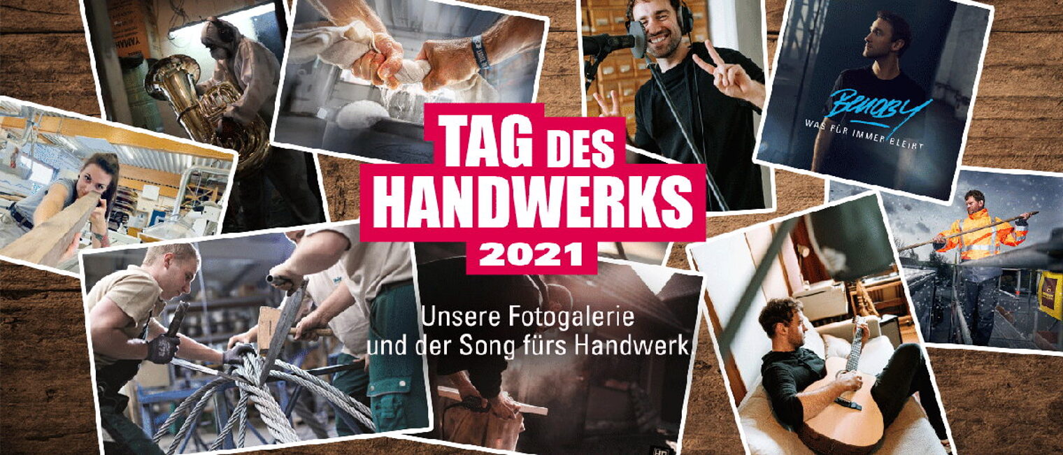 Zum Tag des Handwerks gibt eine Online-Fotogalerie spannende Einblicke Collage verschiedener Fotos von Handwerkern und einem Musiker auf Holz-Hintergrund, in der Mitte Logo Tag des Handwerks 2021