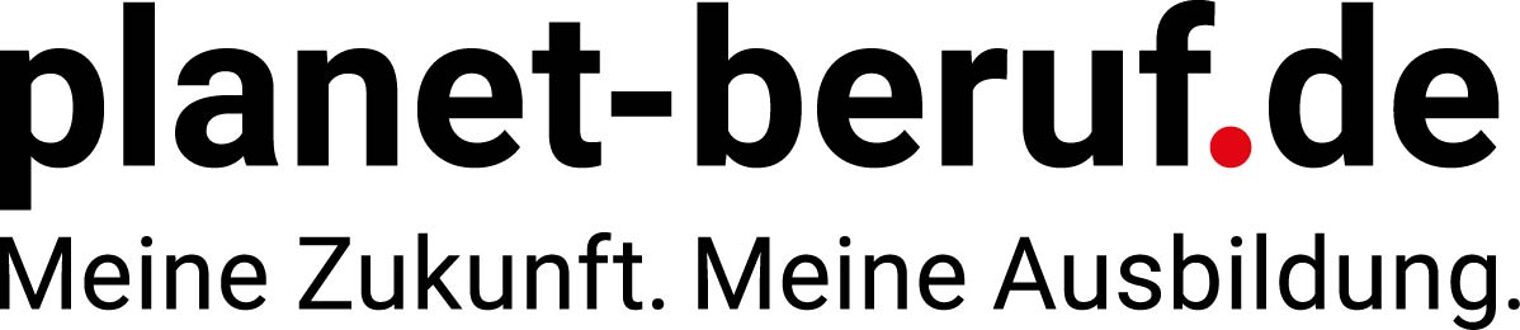 Logo mit schwarzer Schrift auf weißem Grund und Text: planet-beruf.de Meine Zukunft. Meine Ausbildung