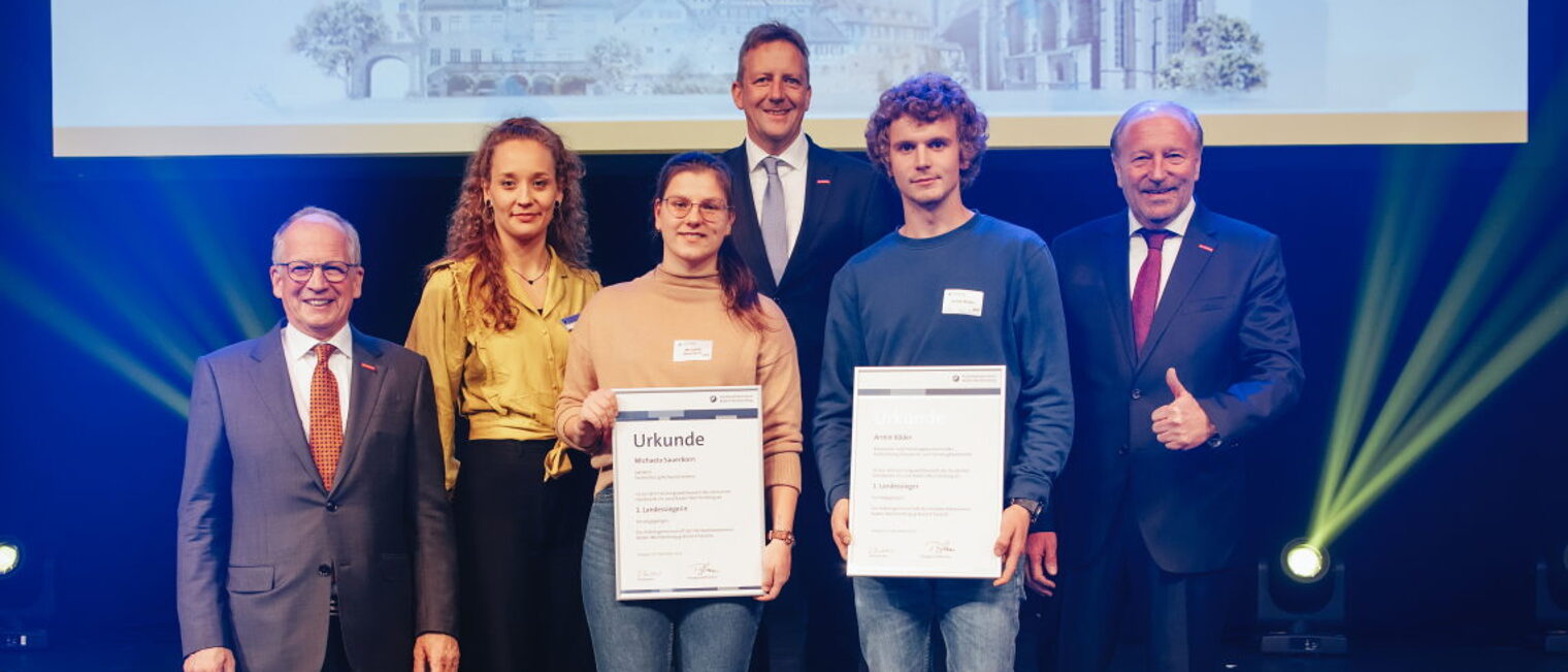 Landessiegerehrung (v. l.): Rainer Reichhold, Aylin Fuchs, Michaela Sauerborn, Ralf Schnörr, Armin Köder, Ulrich Bopp. PLW Landessieger HWK Heilbronn-Franken