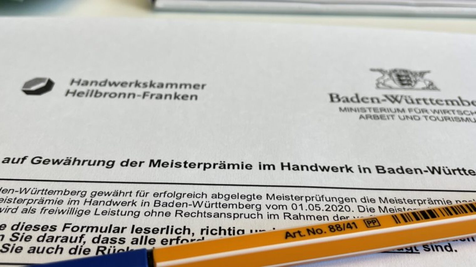 Antrag auf Meisterprämie mit Stift