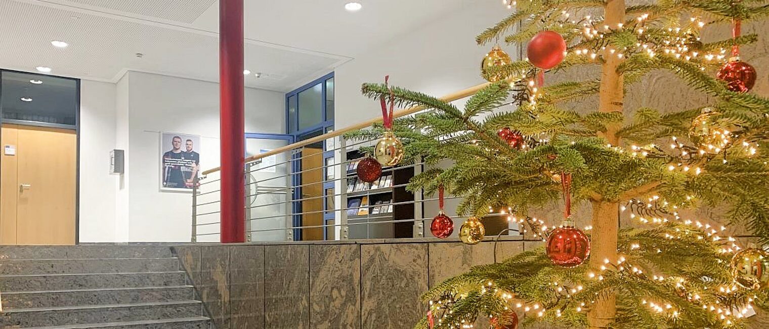 Eingangsbereich des Kammergebäudes mit beleuchtetem Weihnachtsbaum. 