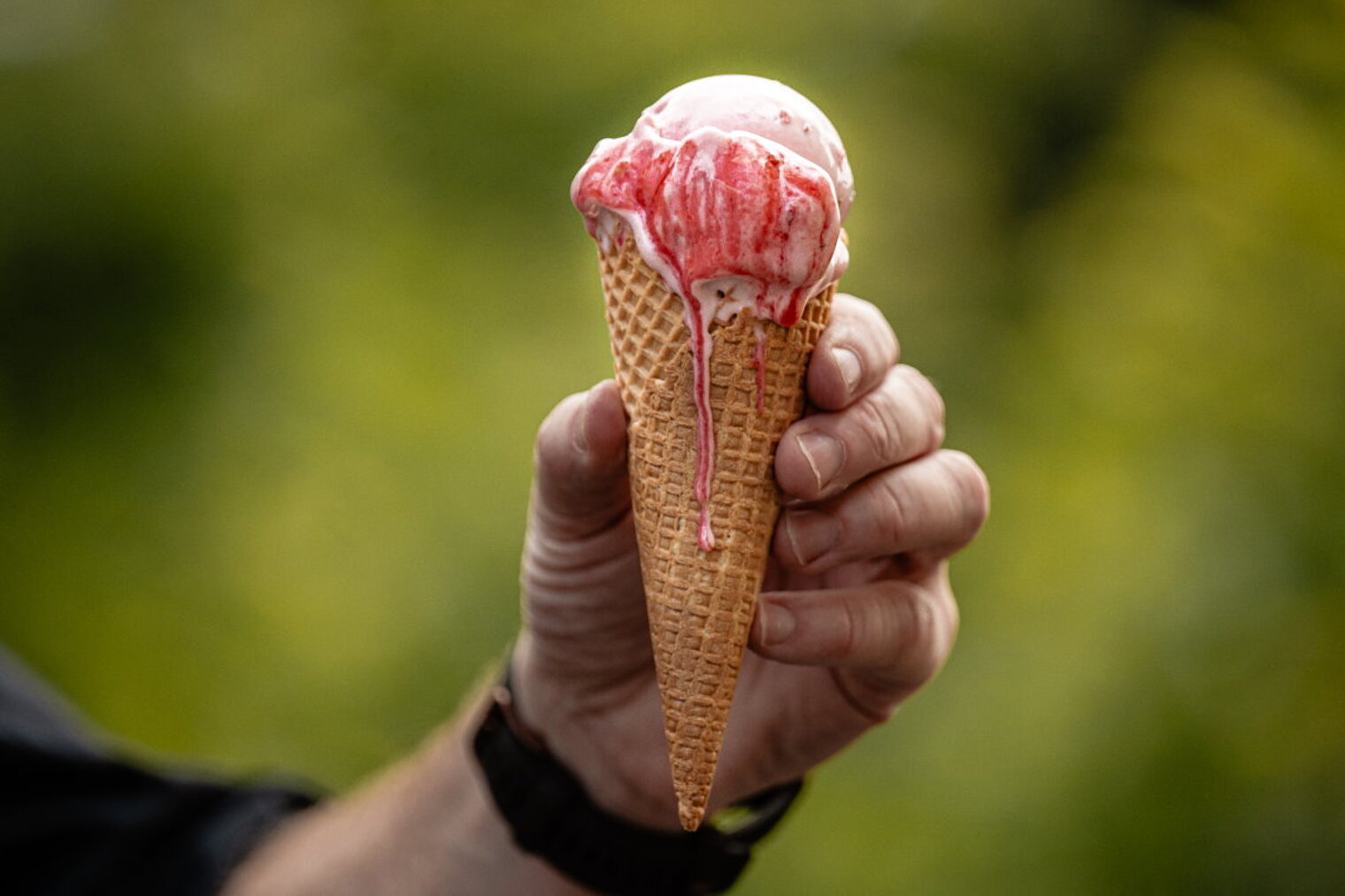 Eine Männerhand hält eine Eiswaffel mit einer Kugel Eis in der Hand.