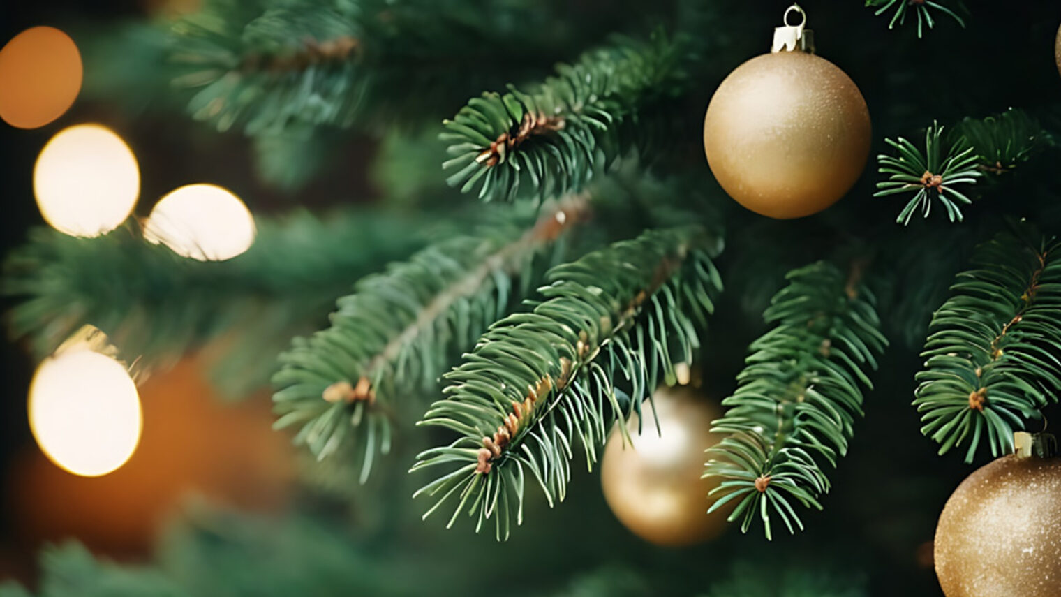 Nahaufnahme eines Weihnachtsbaums mit goldenen Kugeln 