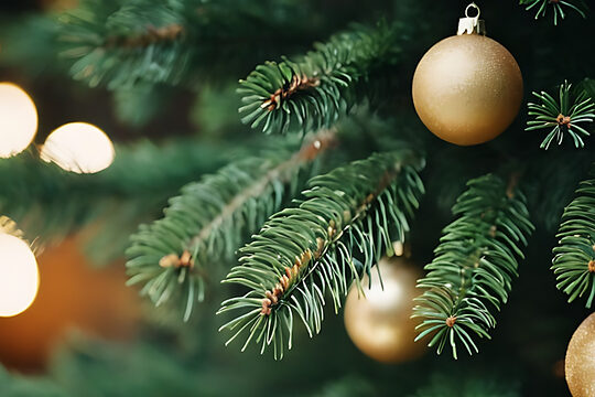 Nahaufnahme eines Weihnachtsbaums mit goldenen Kugeln 