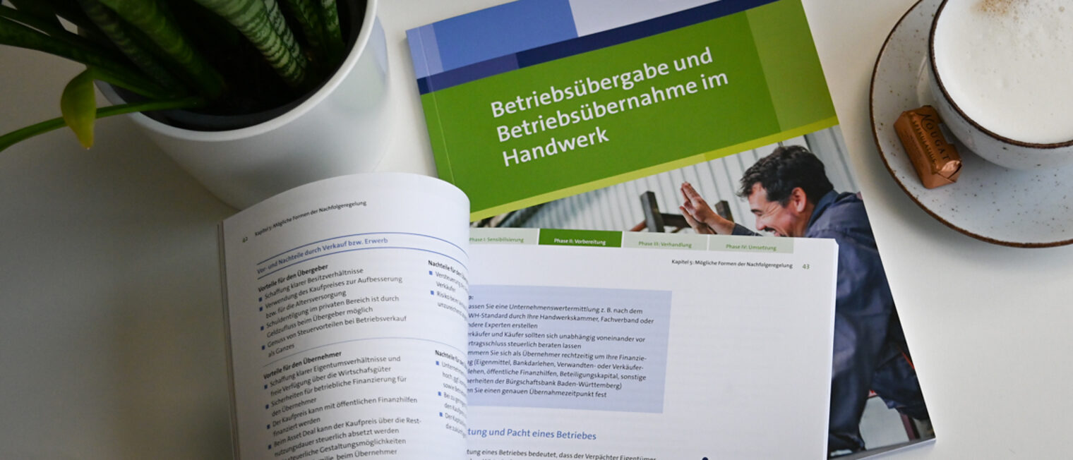 Eine Person blättert die neue Broschüre zum Thema Betriebsübergabe und Betriebsübernahme im Handwerk