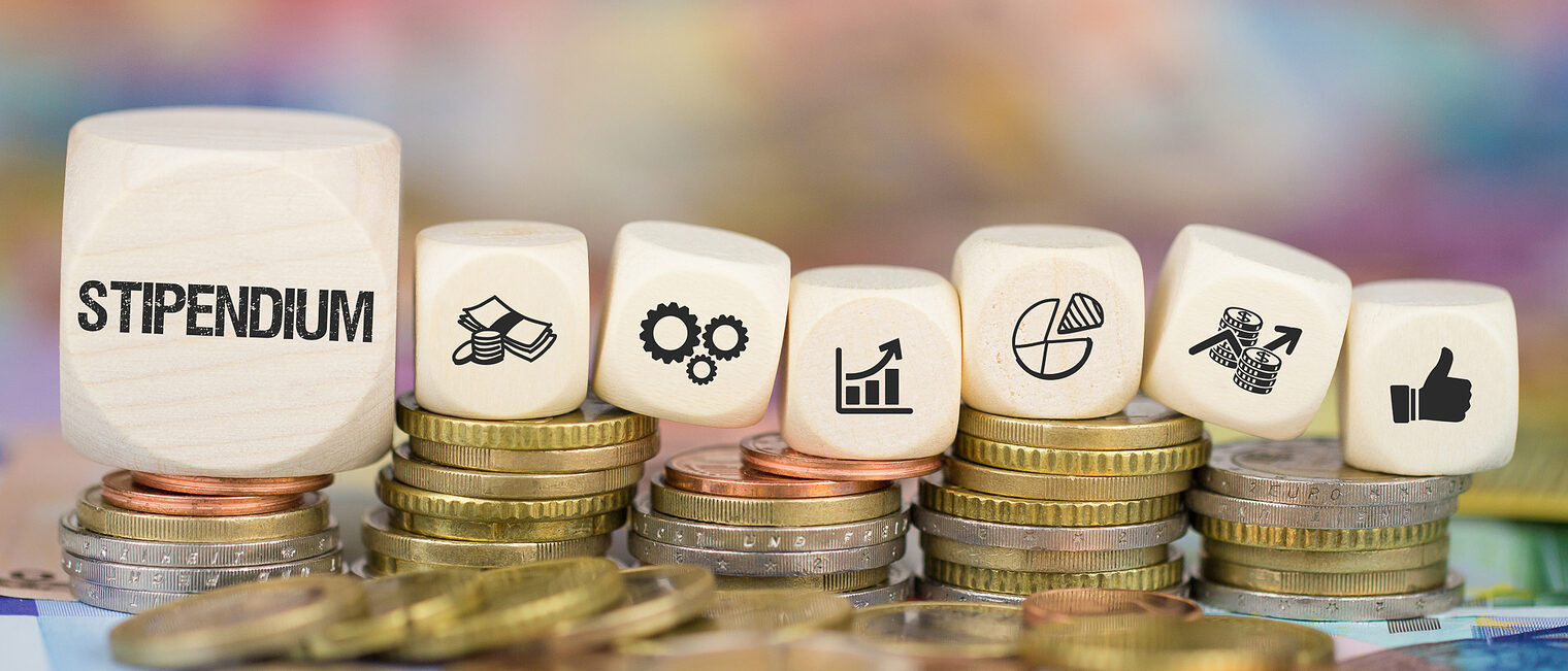 Mit einem Stipendium können Handwerker die Weiterbildung finanzieren. Auf mehreren Münzstapeln liegen Holzwürfel. Die Würfel sind mit verschiedenen Motiven zum Thema Stipendium bedruckt.