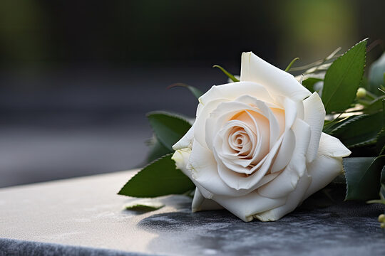 Auf einem Stein liegt eine weiße Rose.