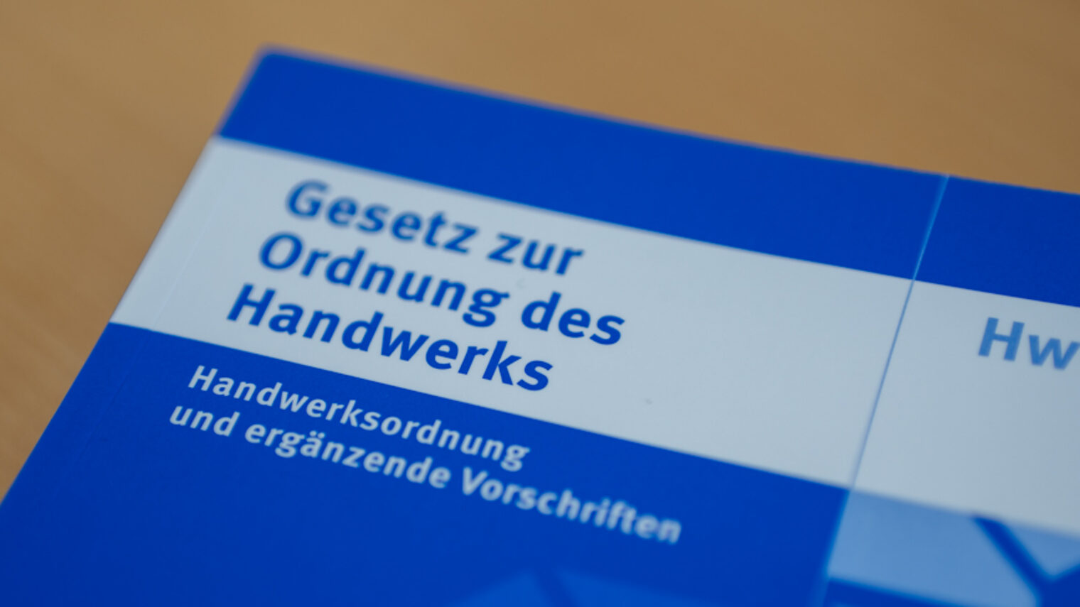 Ein blaues Buch mit dem Titel "Gesetz zur Ordnung des Handwerks" liegt auf einem Tisch.