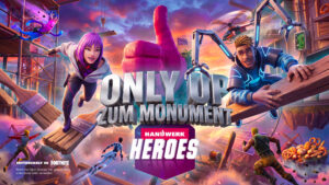 Ein buntes Bild zeigt das Titelmotiv der Fortnite-Map - Only up zum Monument des Handwerks. Ein großer virtueller Daumen ist umsäumt von den beiden Hauptcharekteren sowie zahlreichen Produkten, Materialien und Werkzeugen des Handwerks.